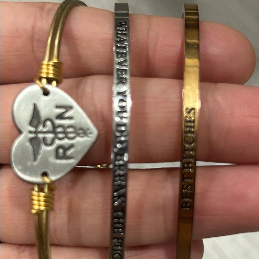 Gold and Silver Medical RN Cuff Bracelet Set - RN Heart Badge Bangle